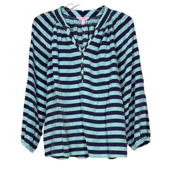 Lilly Pulitzer Tops - LILLY PULITZER 100% Silk Elsa Blue Striped Quarter Sleeve Blouse, Size Medium